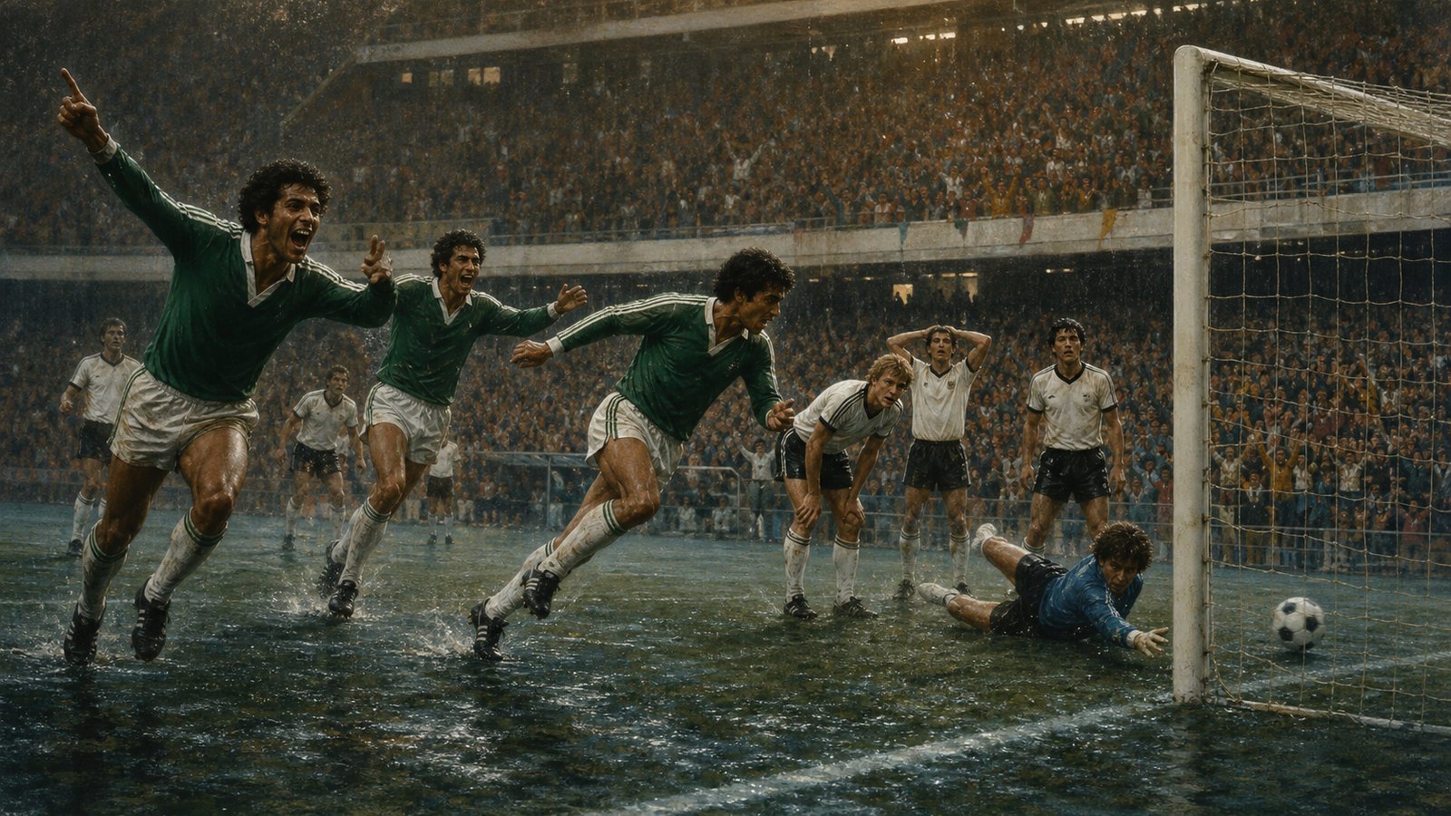 Generic Algerian footballers in green attack generic West German defenders during a 1982 stadium match
