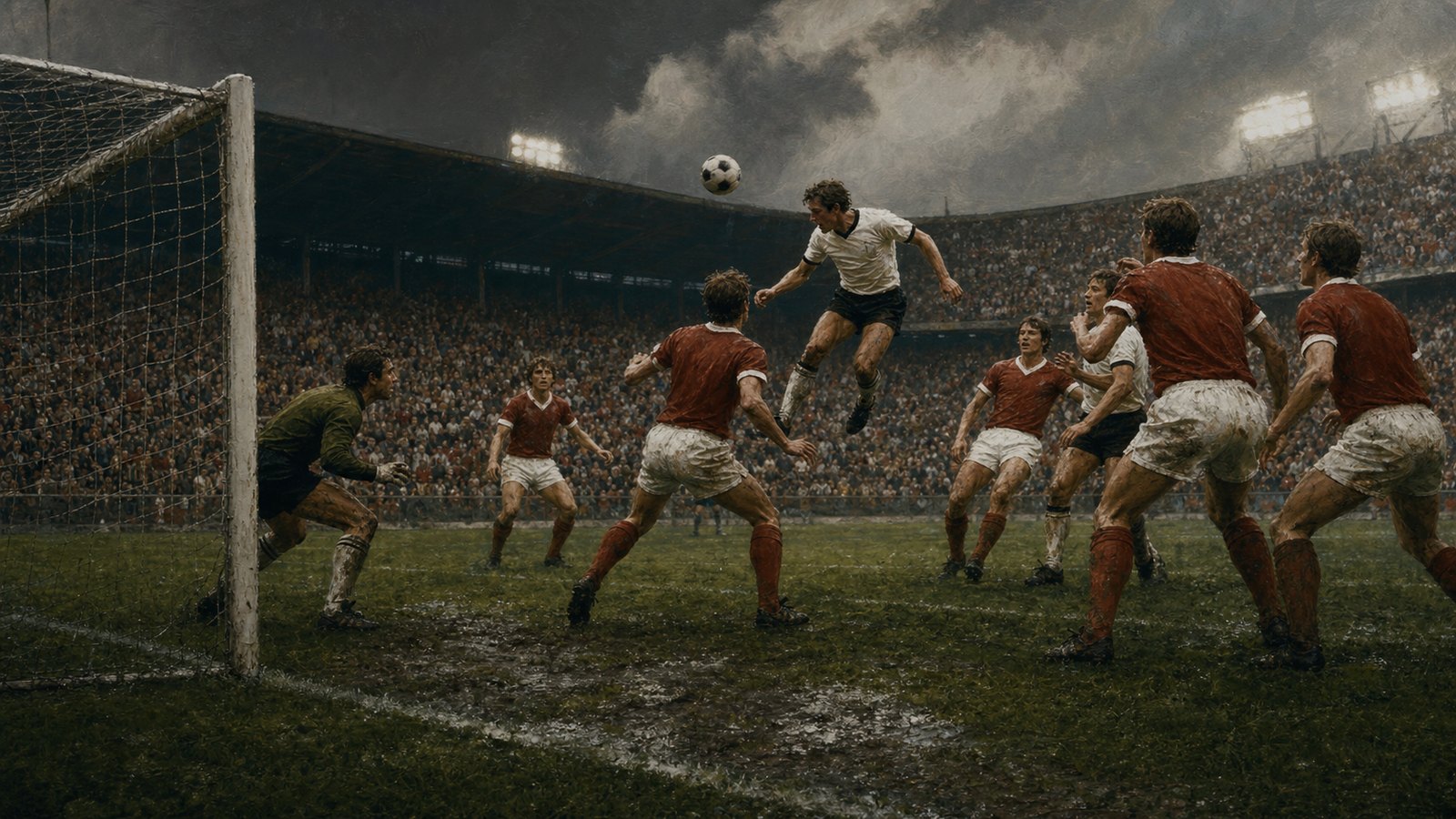 A generic West German forward meets a cross against generic Austrian defenders in a 1982 stadium