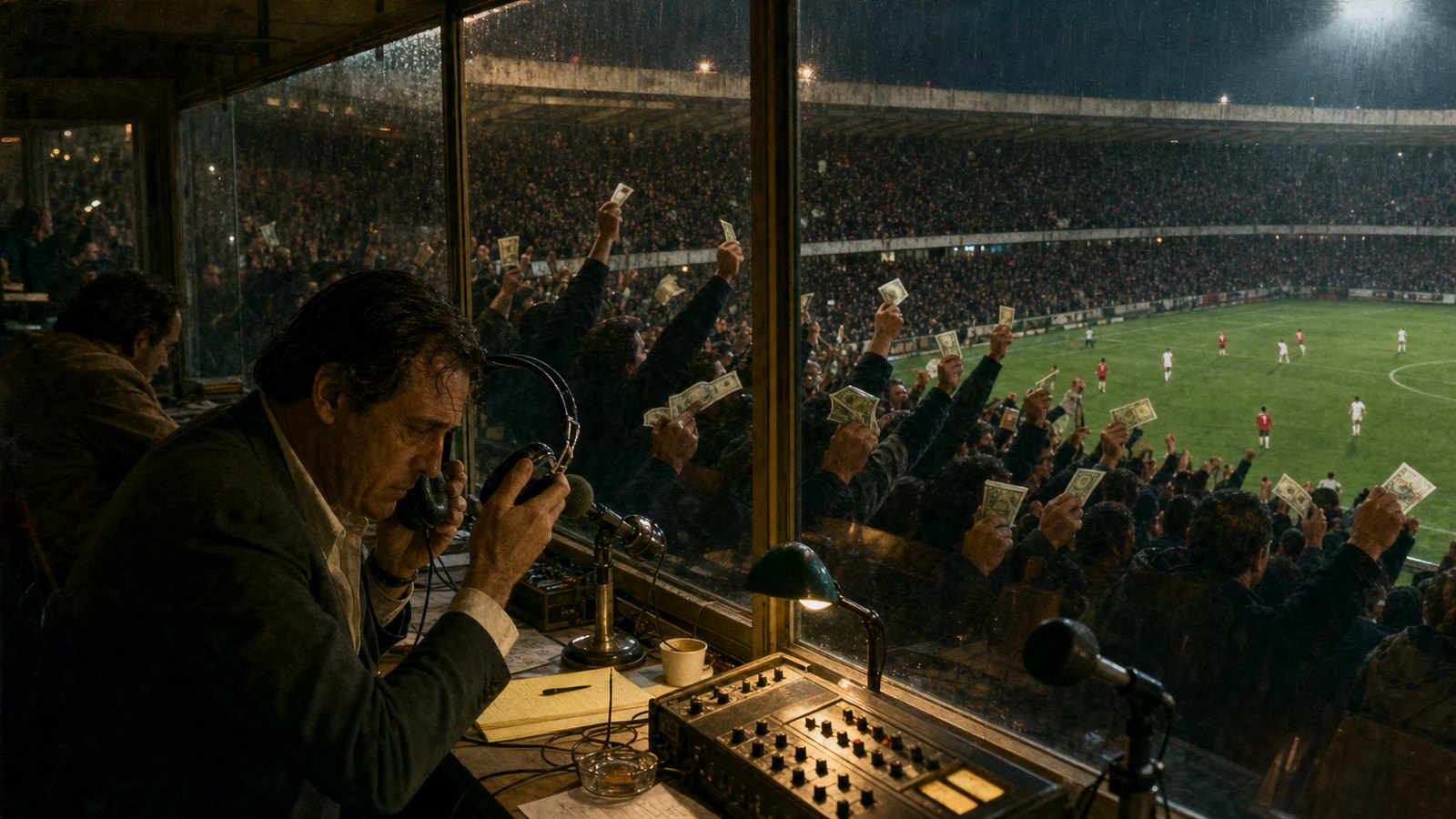 A generic 1982 radio commentator removes his headphones as supporters wave banknotes beyond the booth
