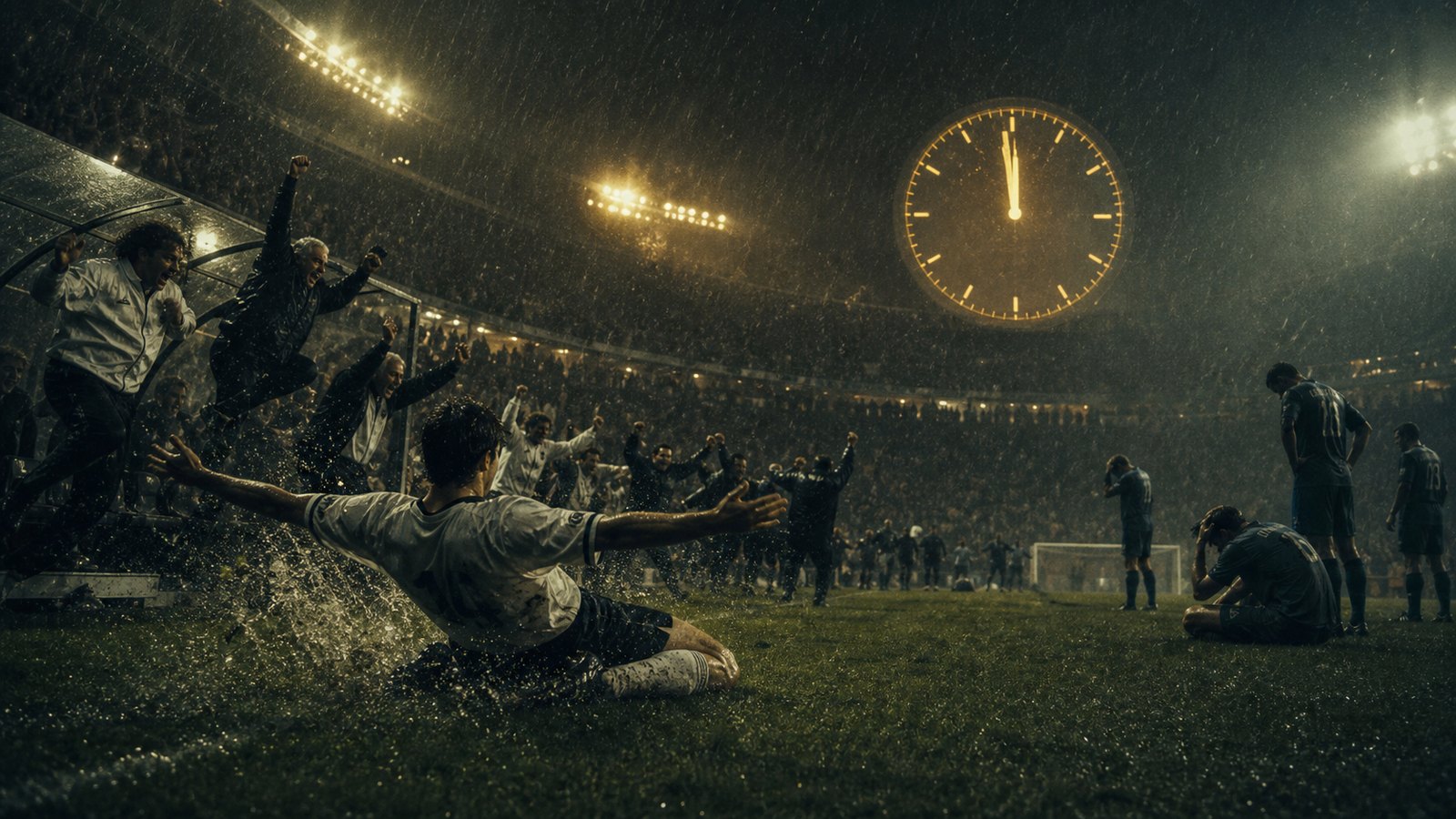 A sudden-death extra-time scene under floodlights as one side celebrates and the other freezes.