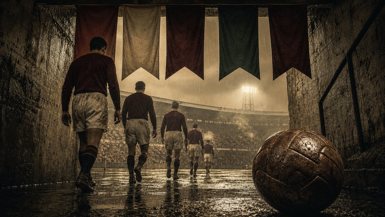 Anonymous claret-shirted players walking from a 1940s tunnel toward an old stadium