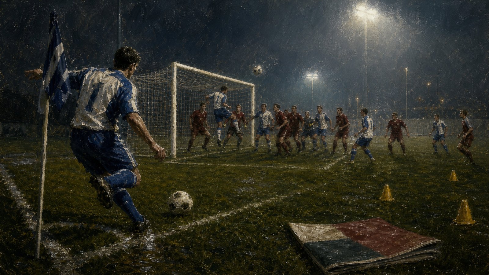 Training-ground corner routine with blue-and-white players rehearsing near-post movement