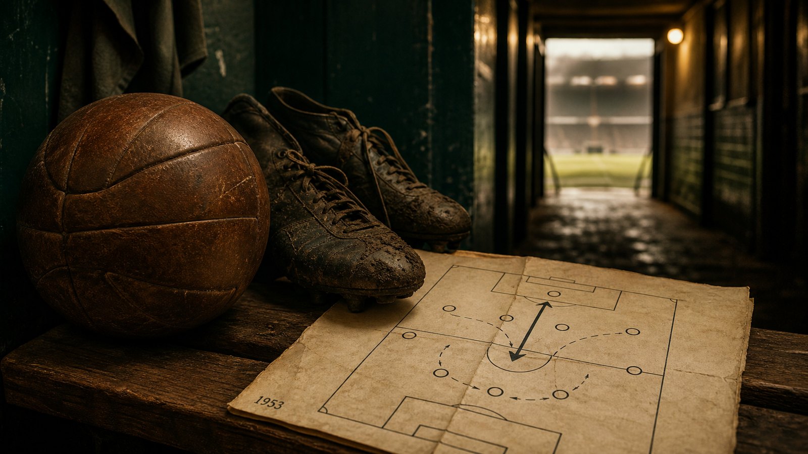 A leather ball and tactics sheet showing the deep-lying centre-forward idea