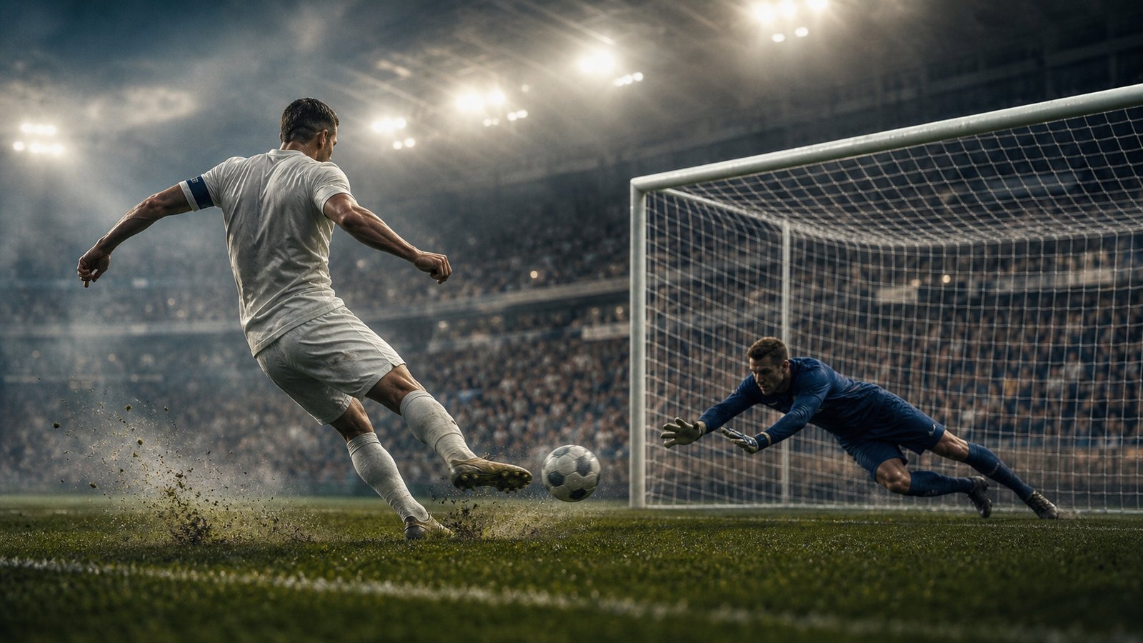 Generic white-shirted forward taking an early penalty against a blue-clad goalkeeper