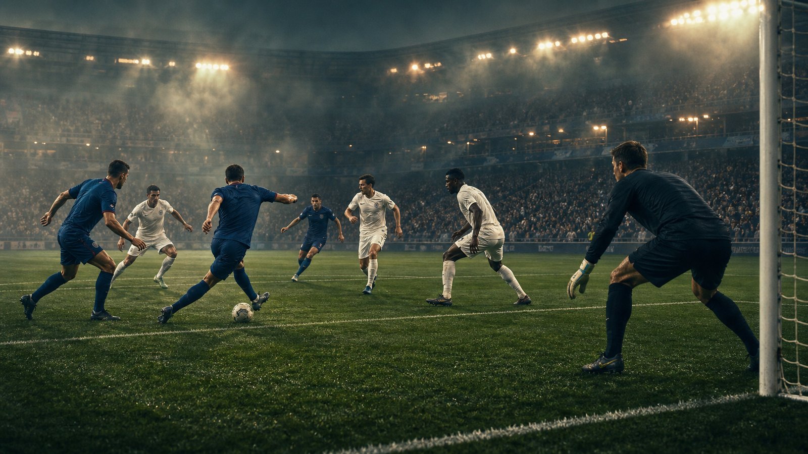 Generic blue-shirted footballers combining centrally under stadium floodlights