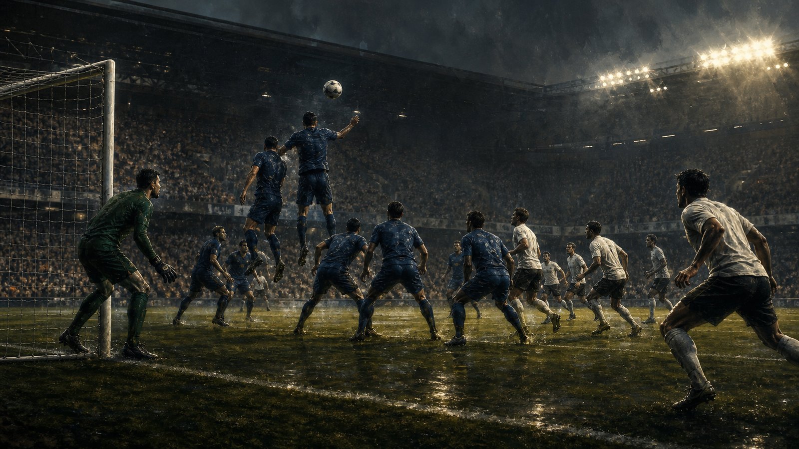 Compact blue-shirted defensive lines holding their shape against white-shirted attackers