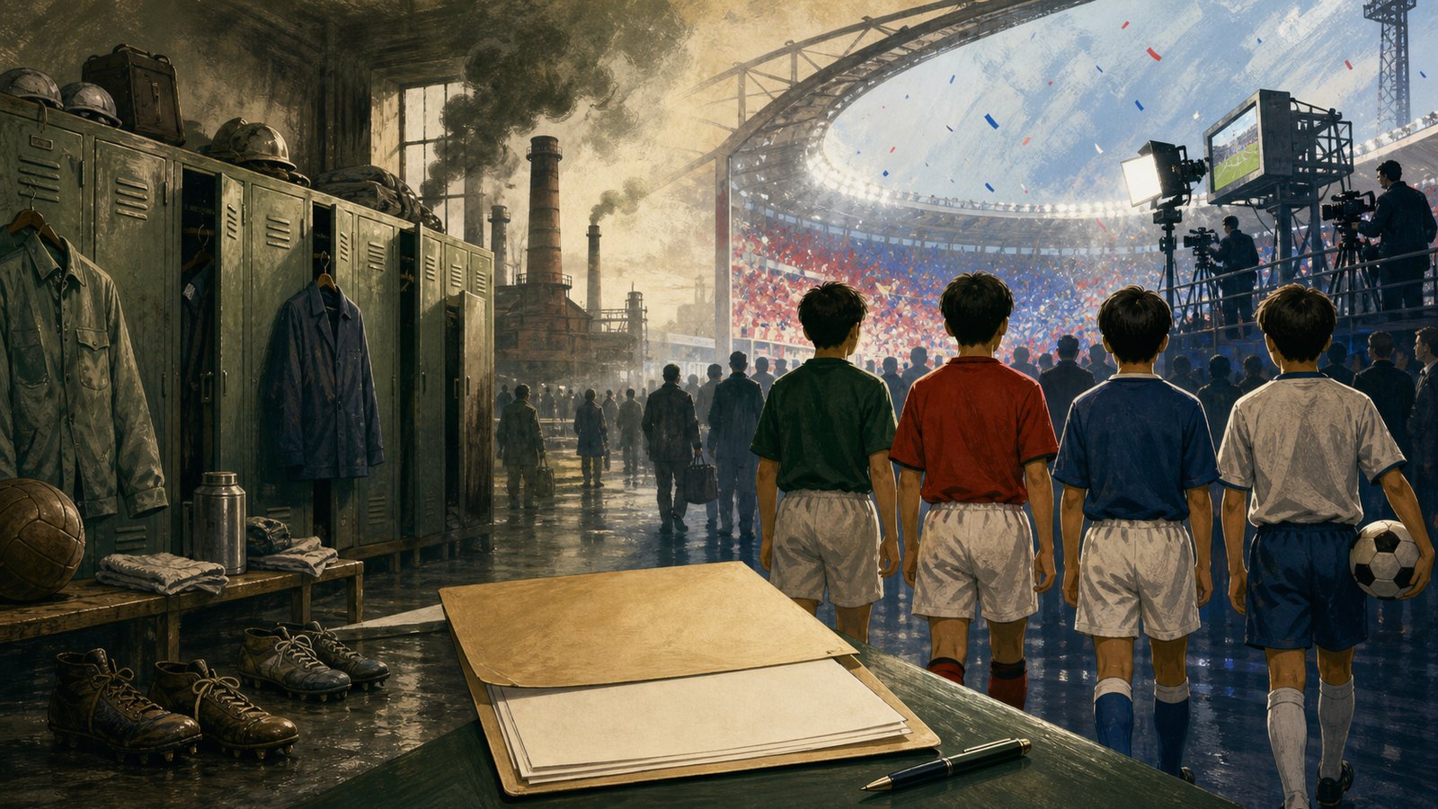 Company-team changing room fading into a modern professional Japanese football concourse.