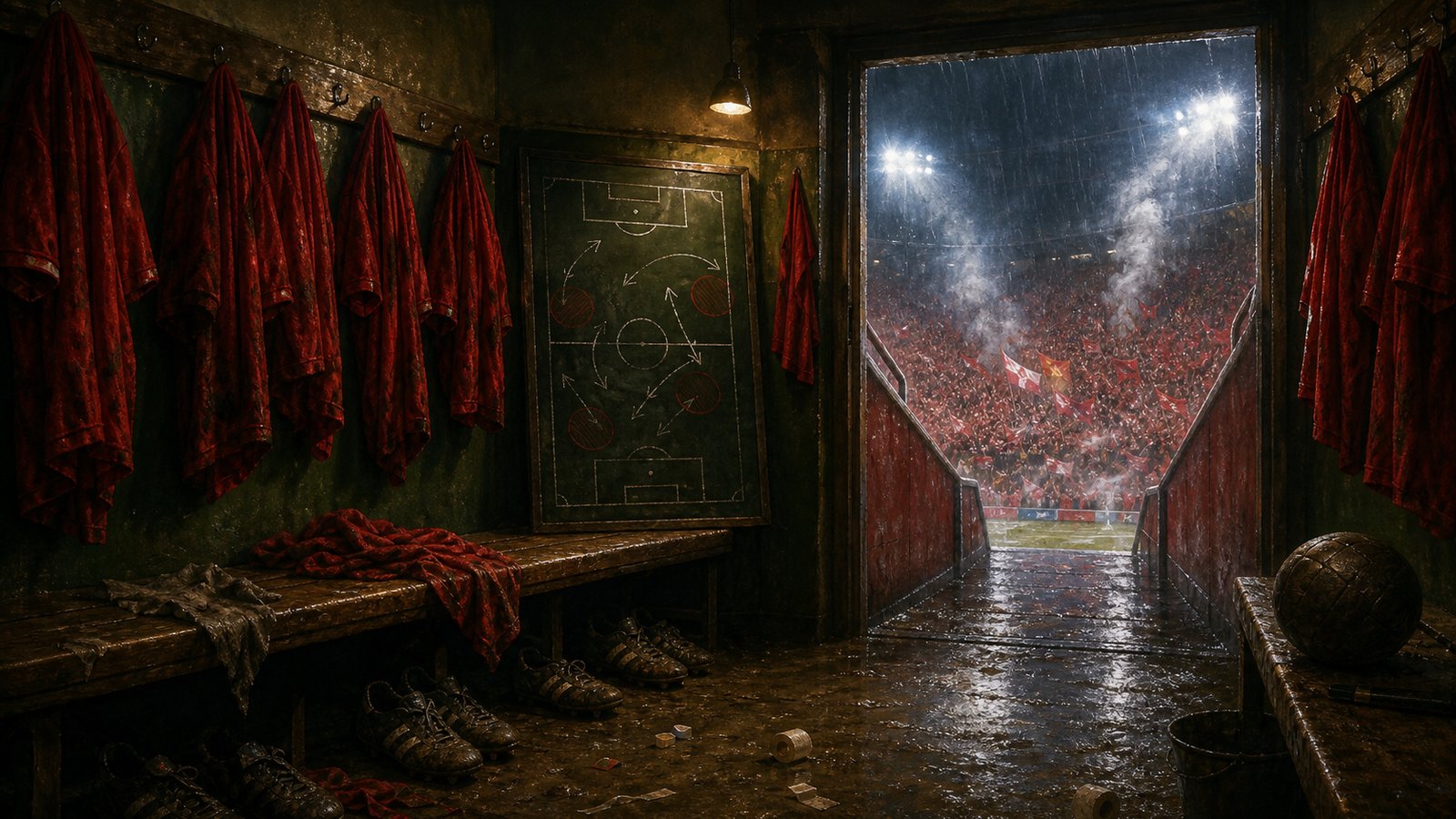 Late-1990s dressing room with red shirts, boots, and a tactical board before a roaring terrace