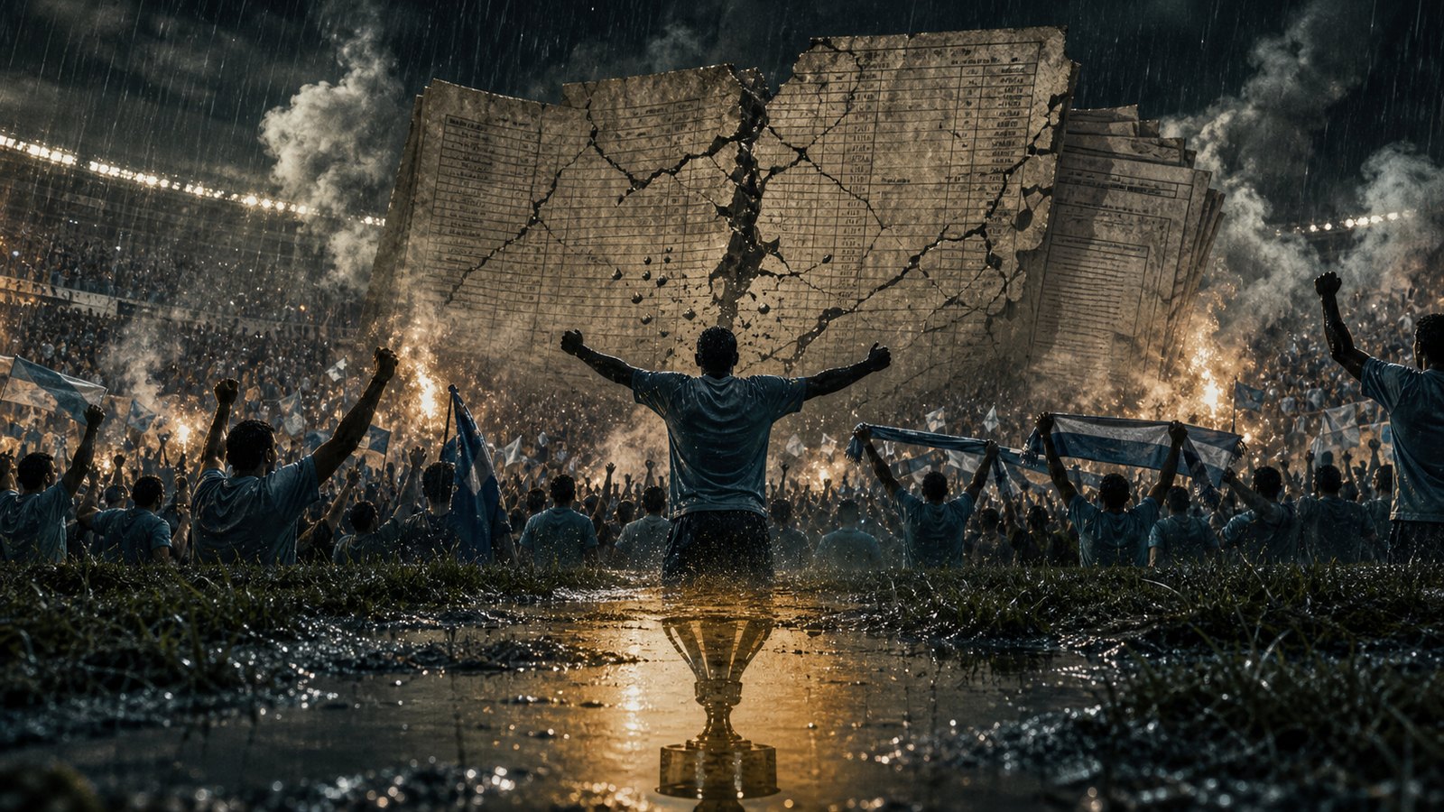 Sky-blue football silhouettes celebrating as papers crack behind them under stadium lights.