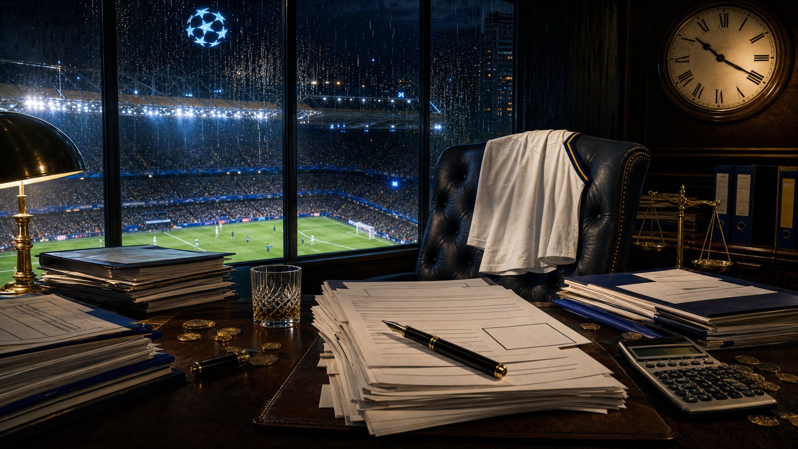 A tense boardroom overlooking a night match evokes early-2000s Leeds financial pressure.