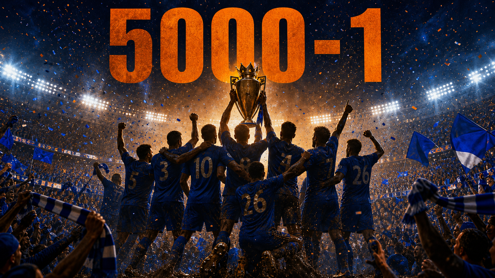 5000-1 football title celebration poster with anonymous blue-shirted players lifting a generic trophy shape