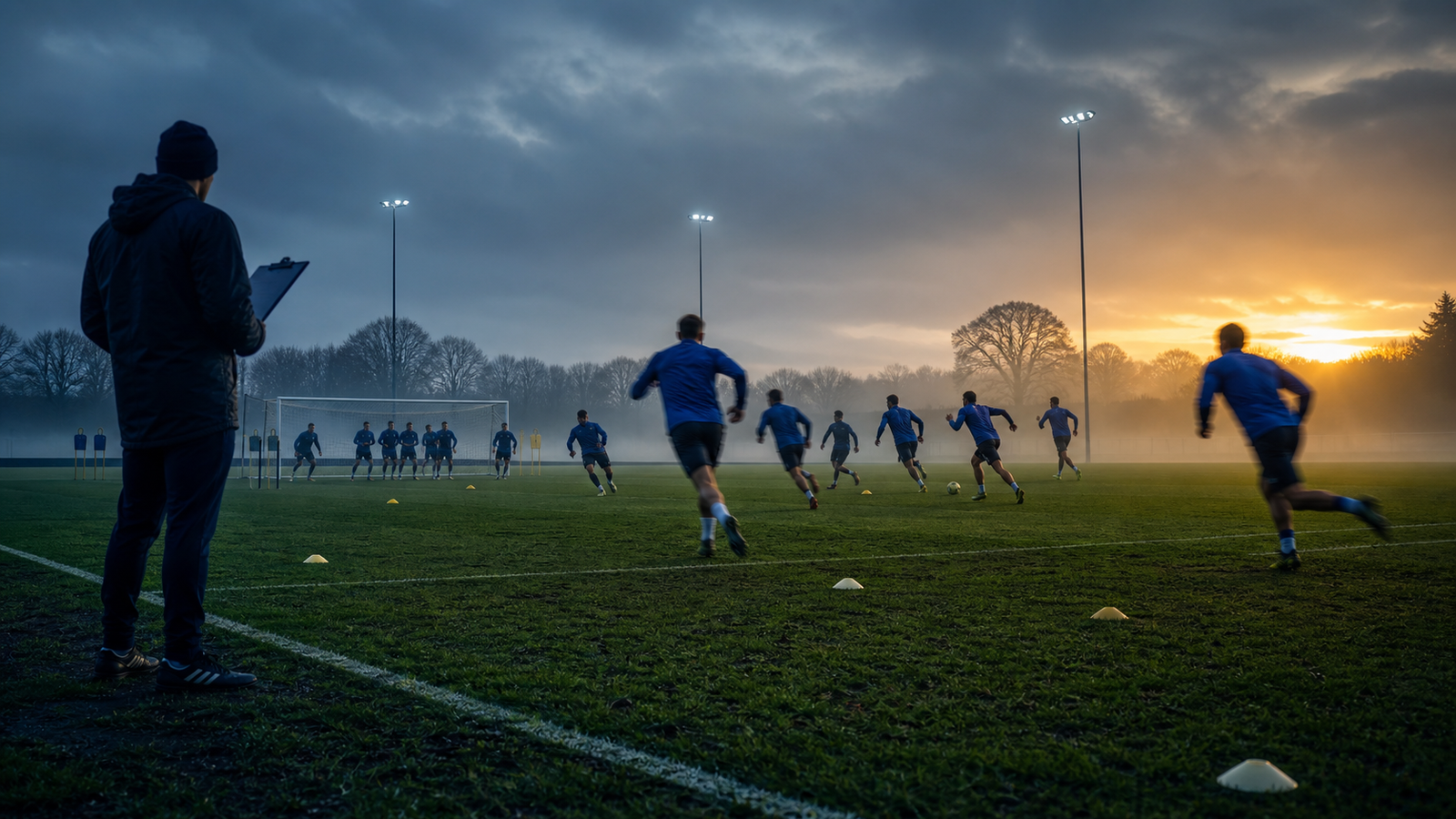 Blue-shirted anonymous players running counterattack drills on a muddy English training ground at dawn