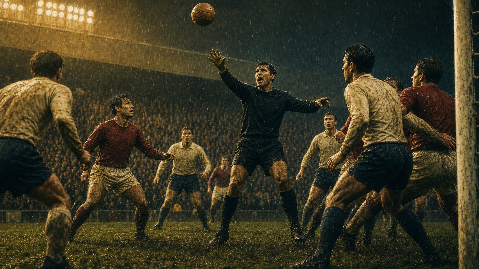 Lev Yashin-inspired fictional Soviet goalkeeper in dark kit commanding a crowded 1960s penalty area