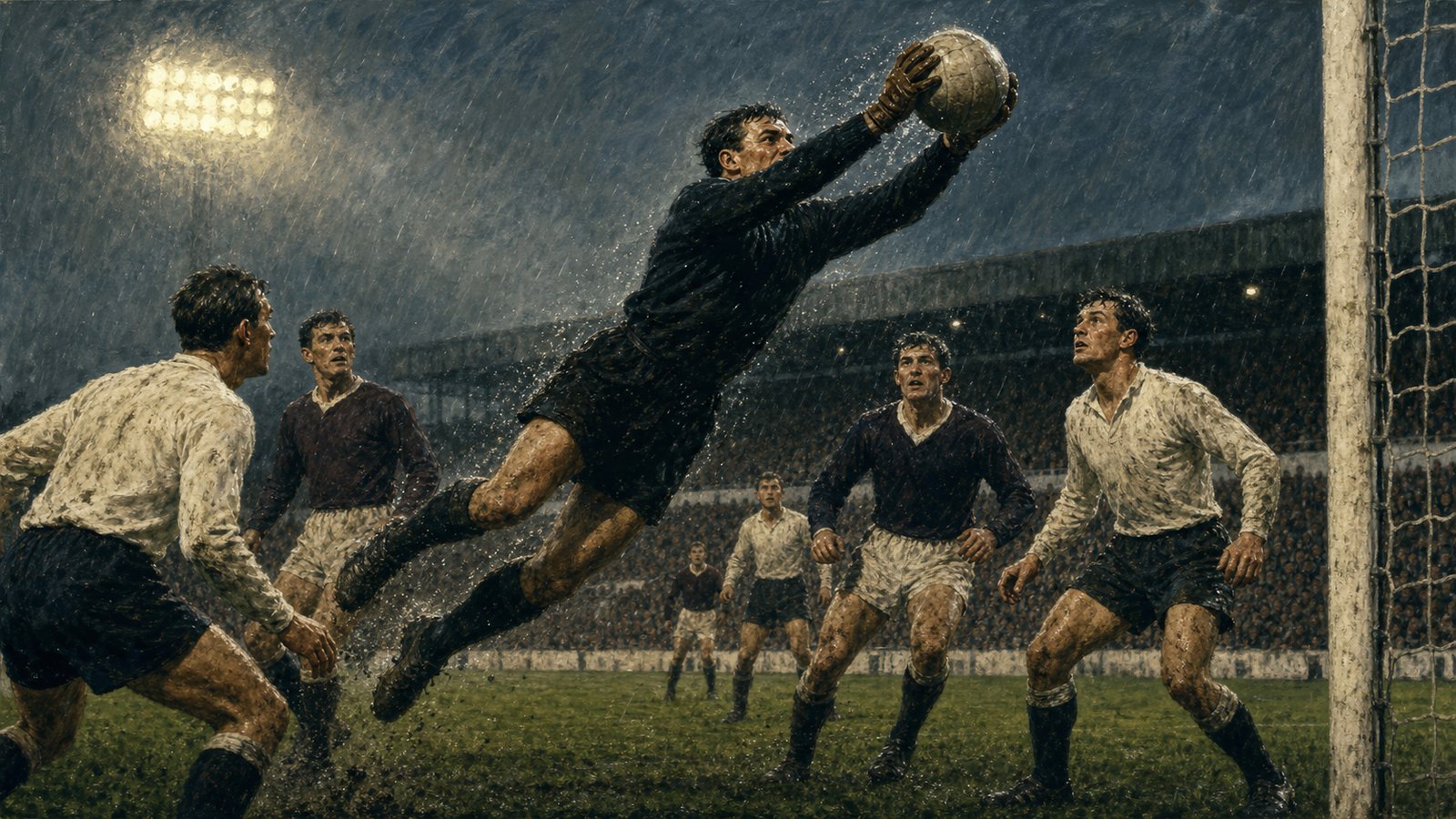 Fictional 1960s goalkeeper stepping through a crowded box to claim a high cross under stadium floodlights