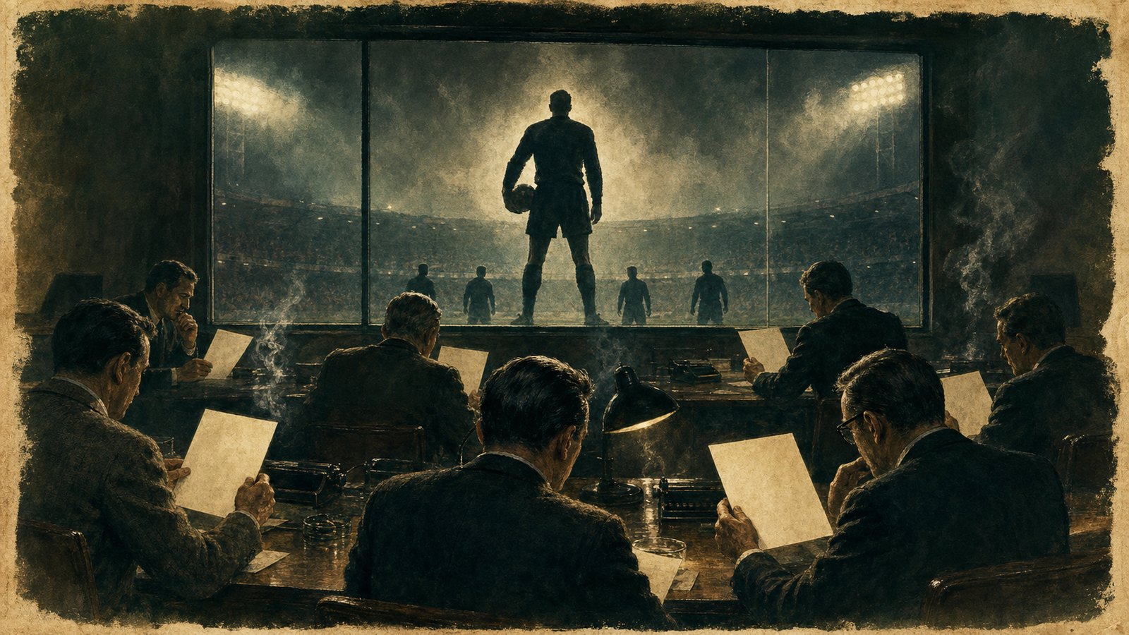 1963 European football journalists studying ballot papers beside a dramatic goalkeeper silhouette, with no readable text