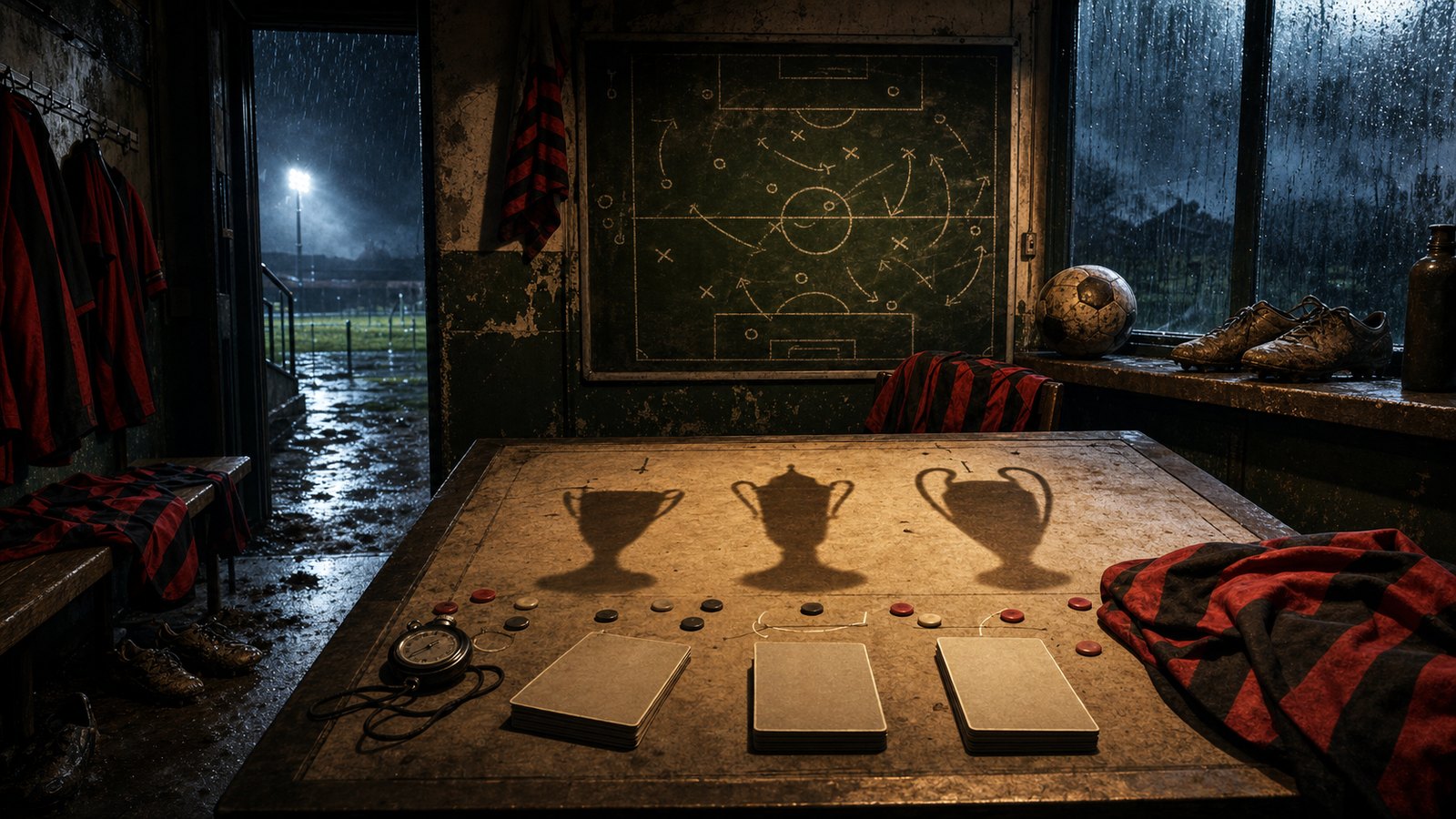 A tactics table and dressing room corridor suggest the pressure of chasing three trophies at once.