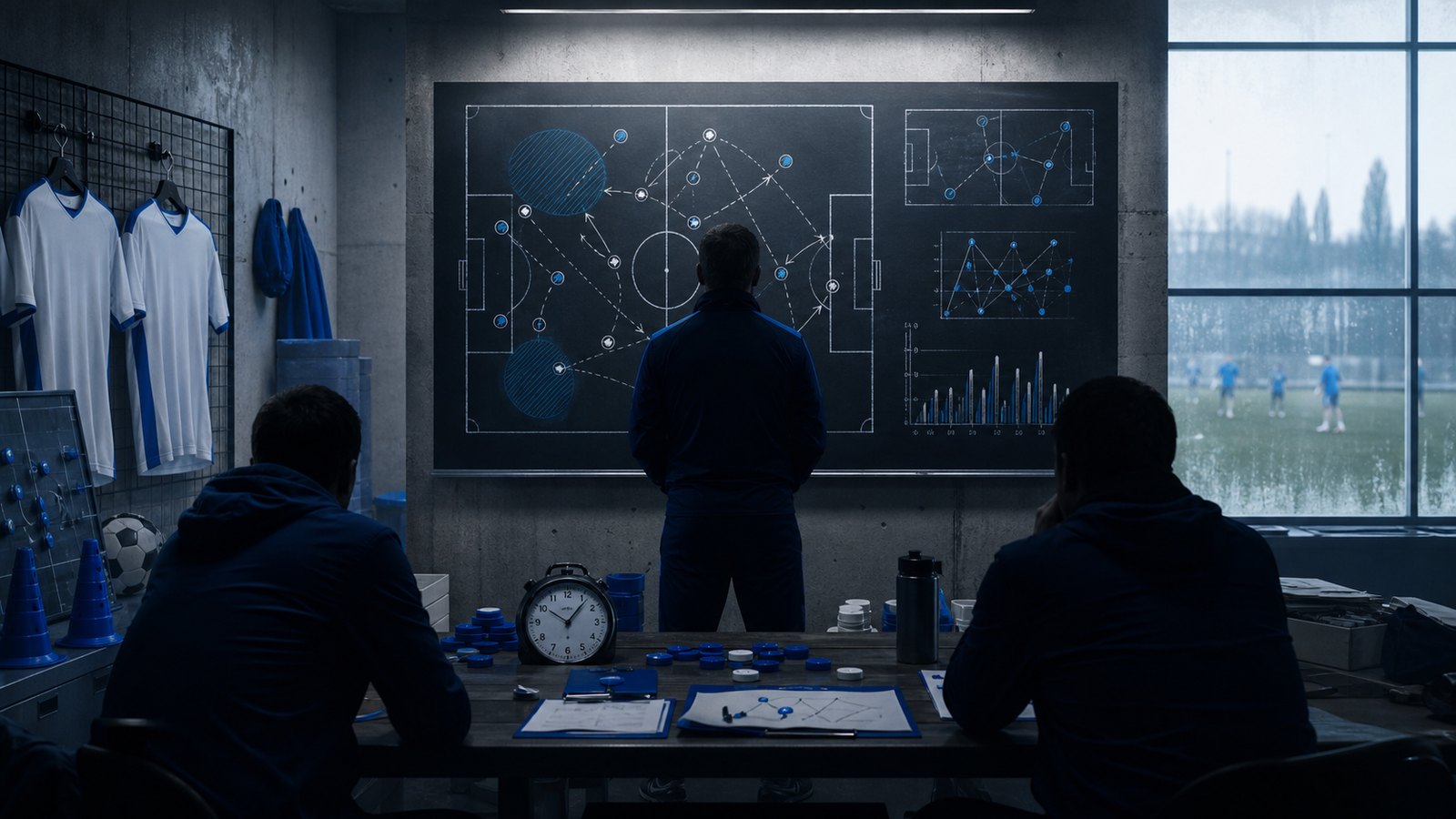 A frosted tactics room with stopwatch, cones, and chalk arrows evokes Lobanovskyi’s methods.