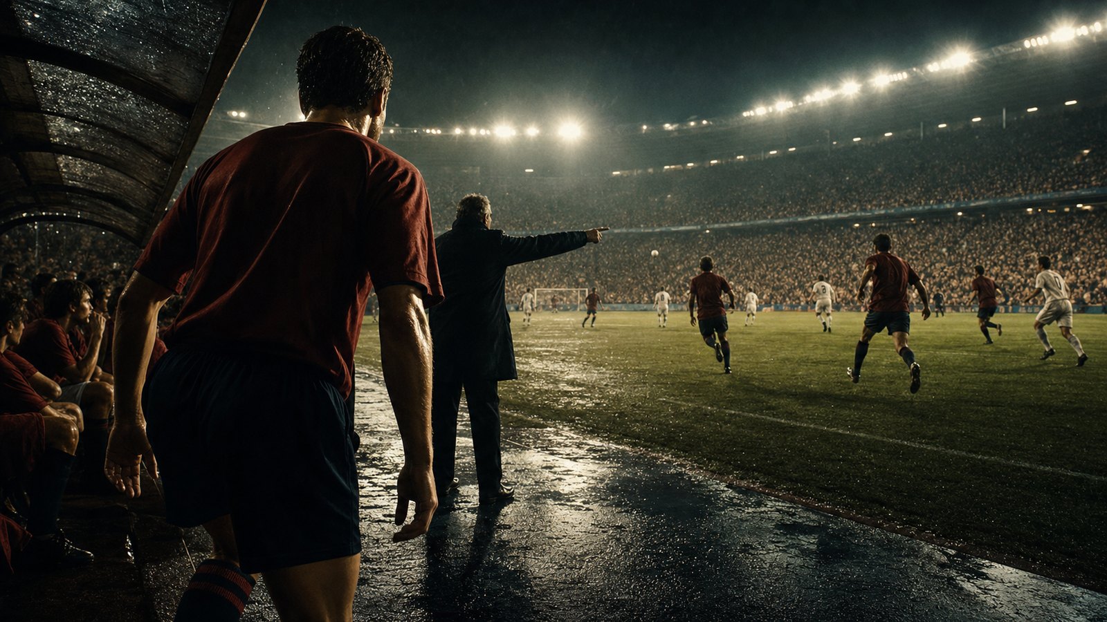 A fictional substitute in a plain red kit walks from the bench into a floodlit football final
