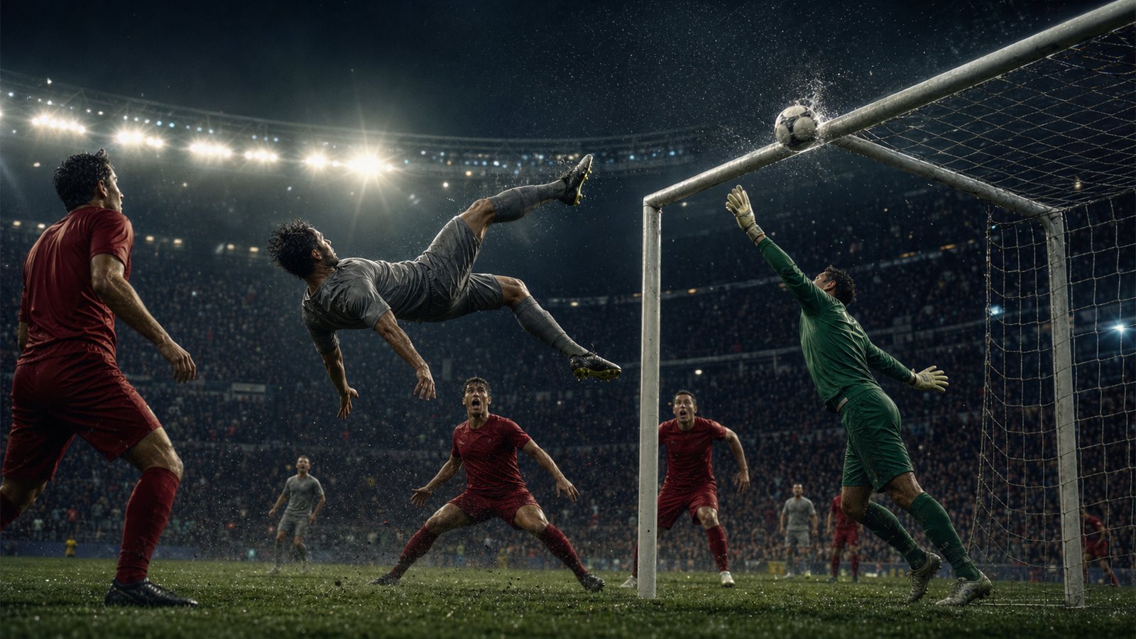 A fictional striker in a plain silver kit hits the crossbar with an overhead kick