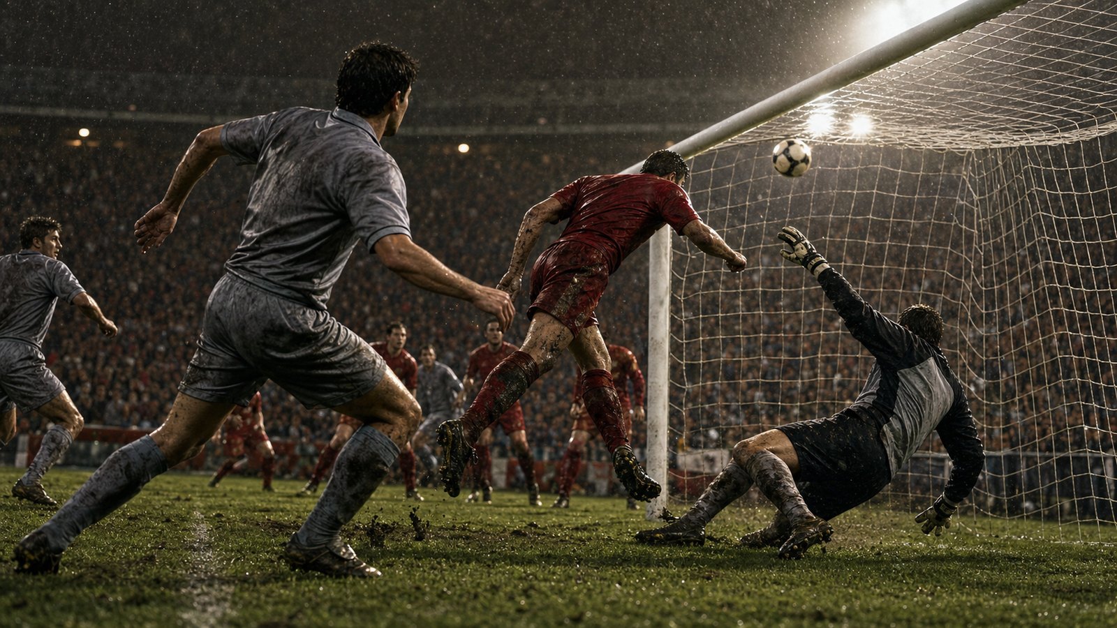 A fictional red-shirted forward redirects a corner into the roof of the net