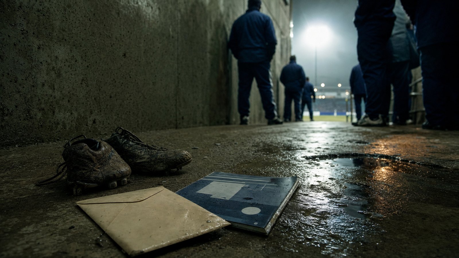 A tense lower-league stadium tunnel with muddy boots, an envelope, and distant pitch lights