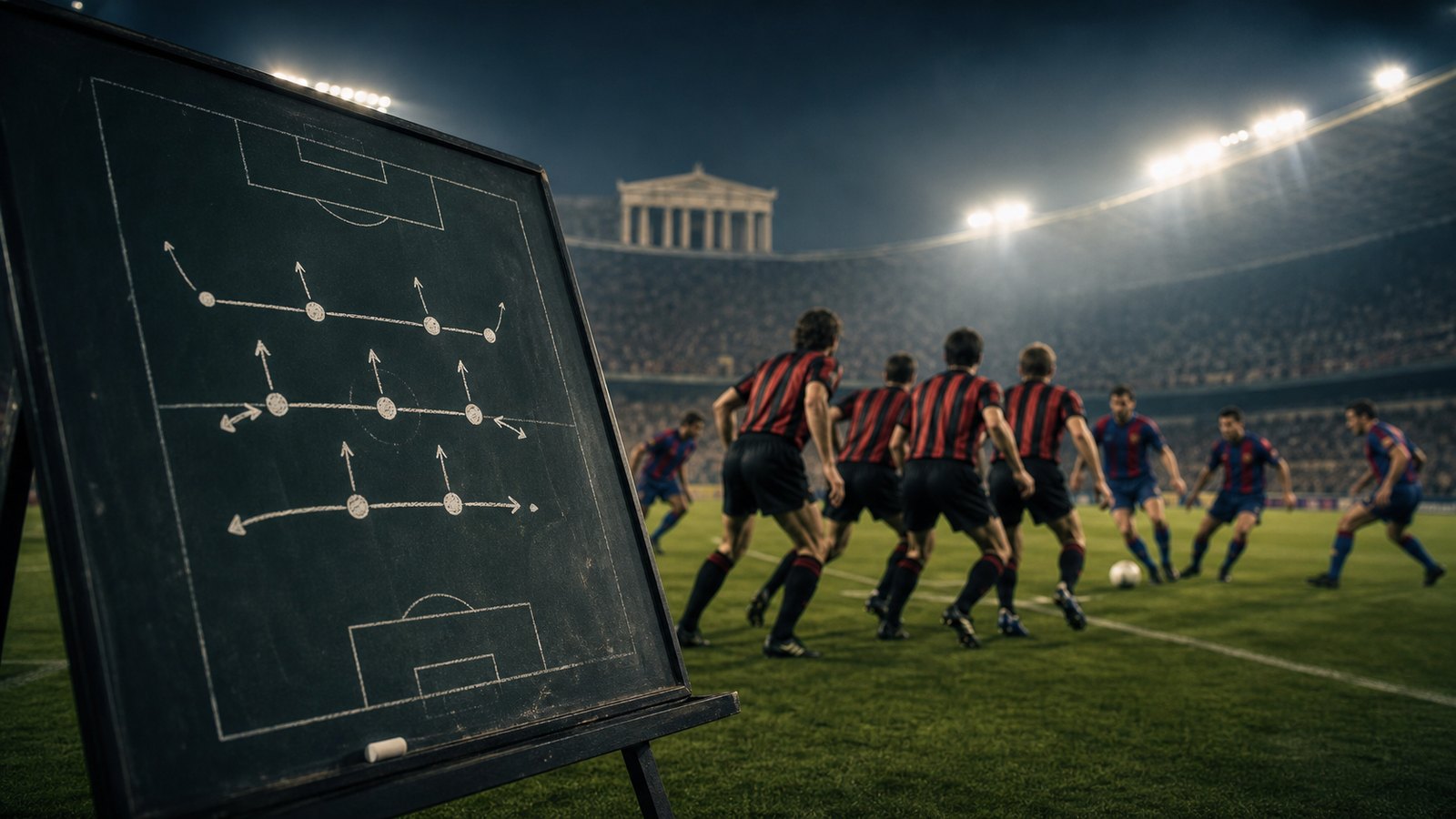 A tactical board and floodlit pitch show compact defensive lines in a European final.