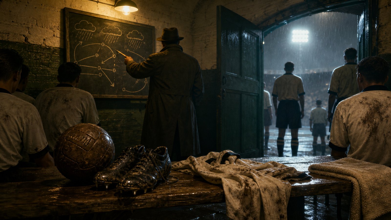 A 1950s dressing-room tactical scene with wet boots and a coach silhouette before a rain-soaked final.