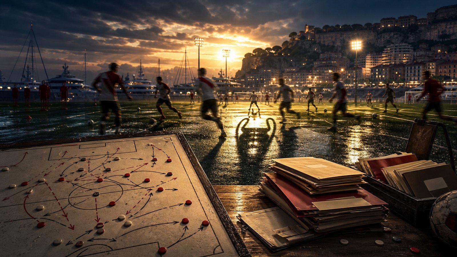 Editorial image of a dusk training ground with tactics arrows and transfer folders