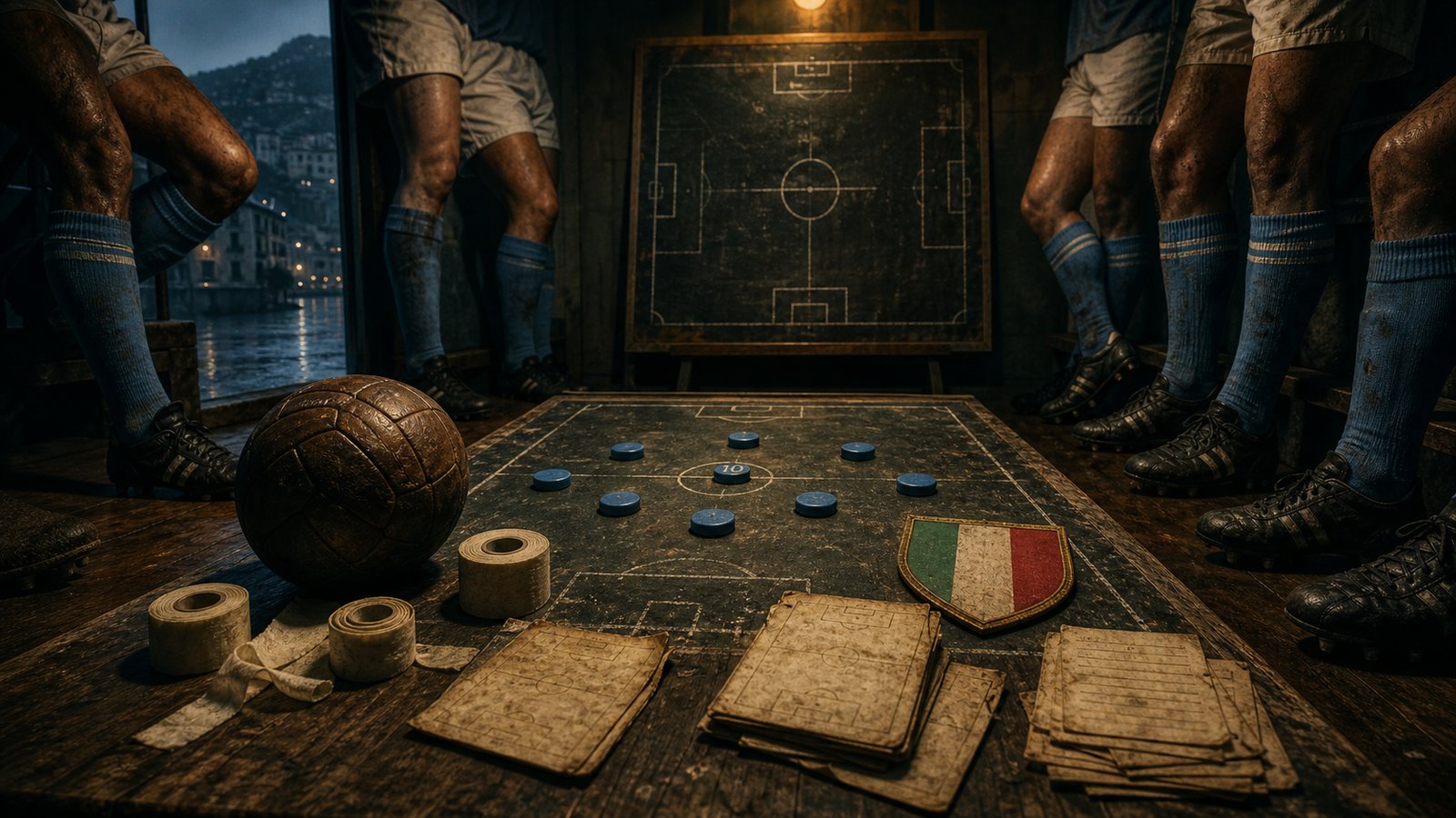 A dressing room table with tactical magnets, a ball, and sky-blue football details before a 1987 match.
