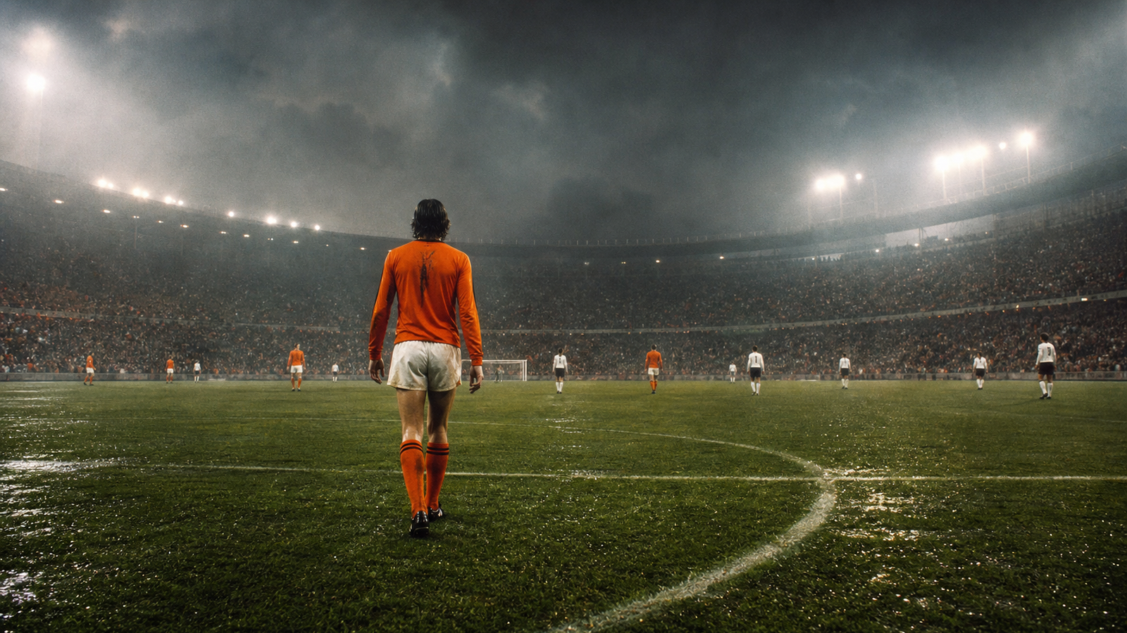 Wide cinematic 1974 final scene with an anonymous orange-shirted player seen from behind near the centre circle after the early Dutch goal.