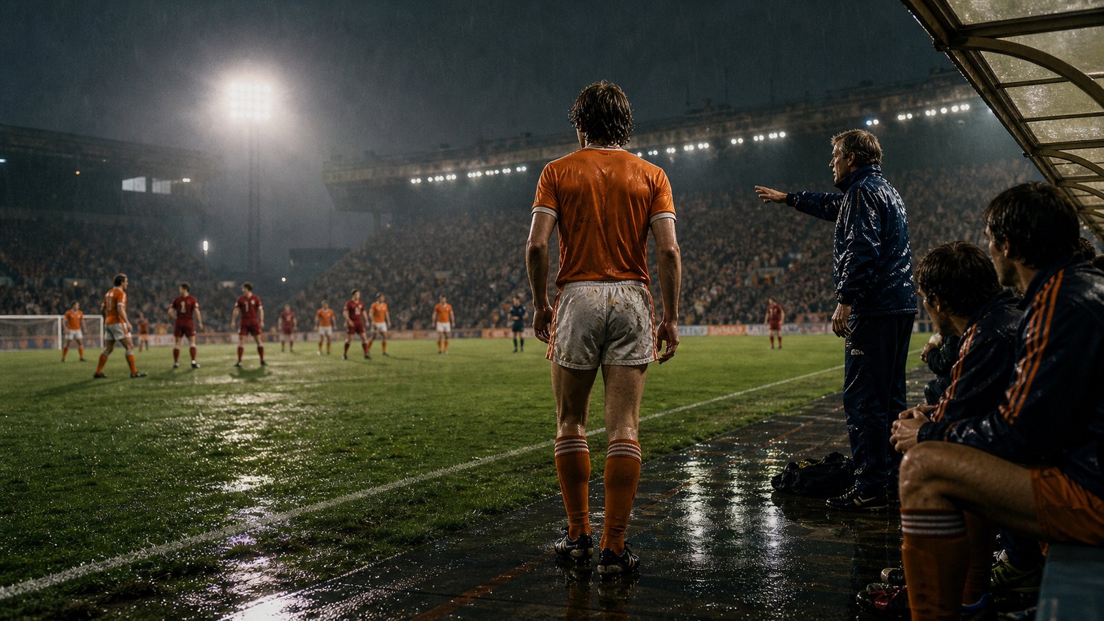 Generic orange-shirted Dutch football side under pressure in a 1980s European stadium