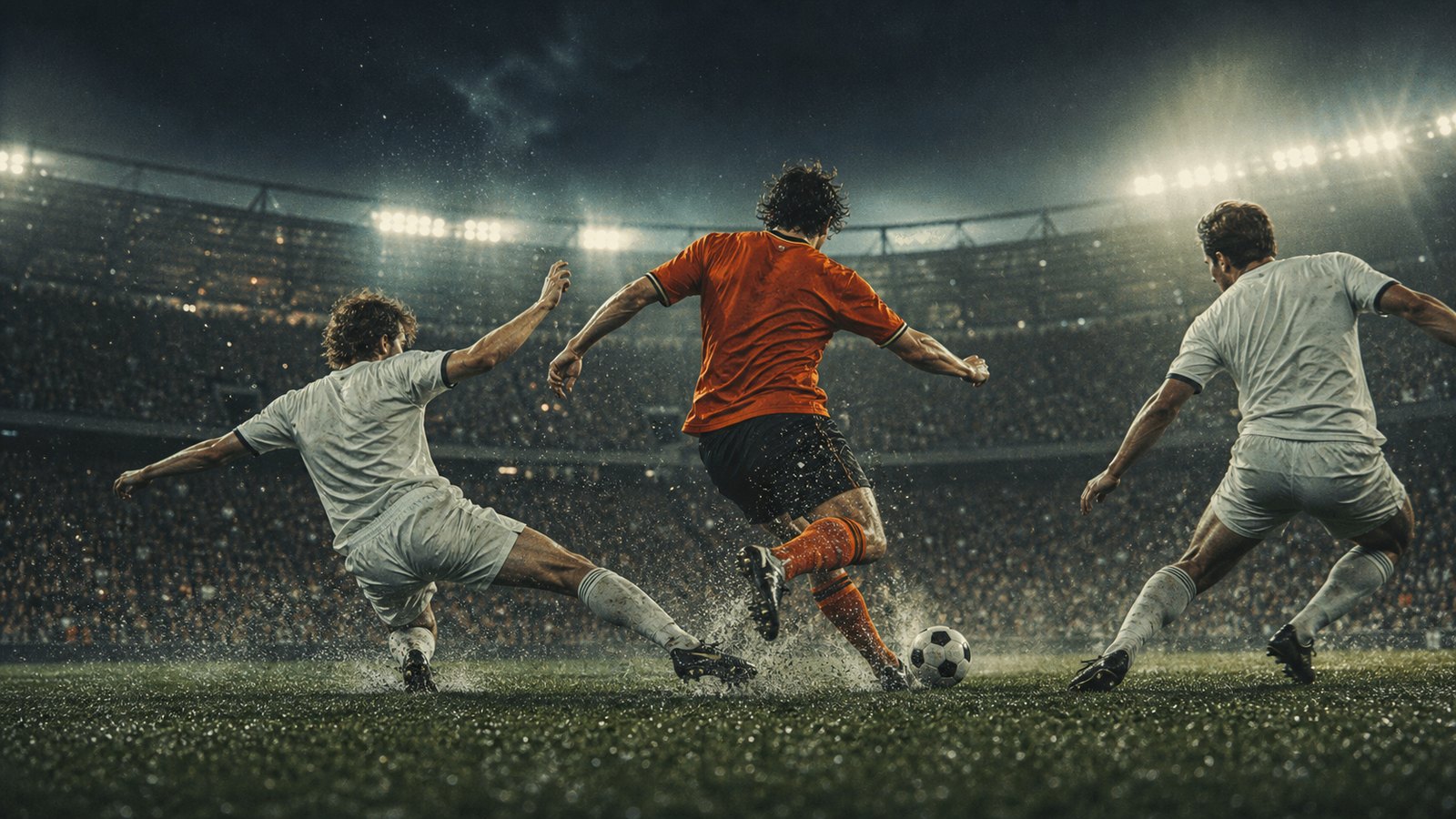 Generic orange number nine breaking between defenders in a rain-lit 1980s match