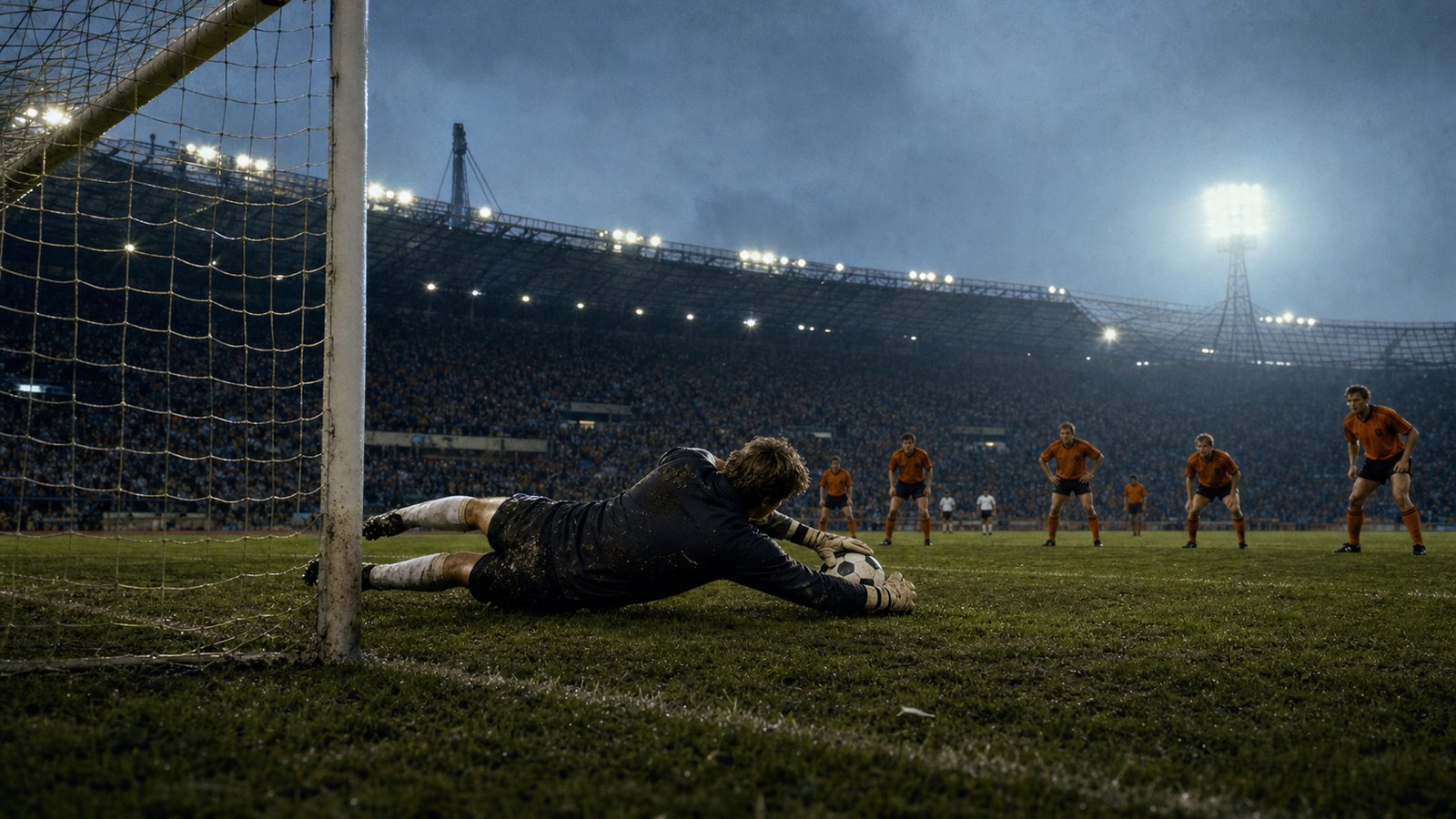 Generic goalkeeper saving a penalty beneath Munich-style stadium lights