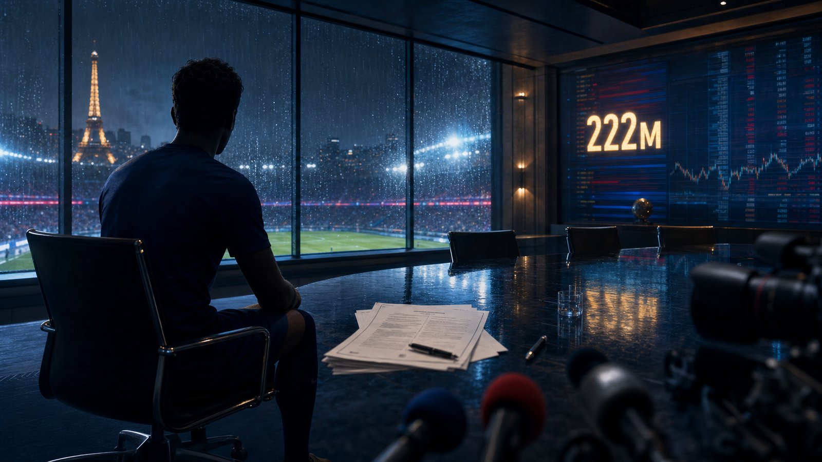 Paris boardroom overlooking a floodlit pitch with a clean 222M transfer graphic