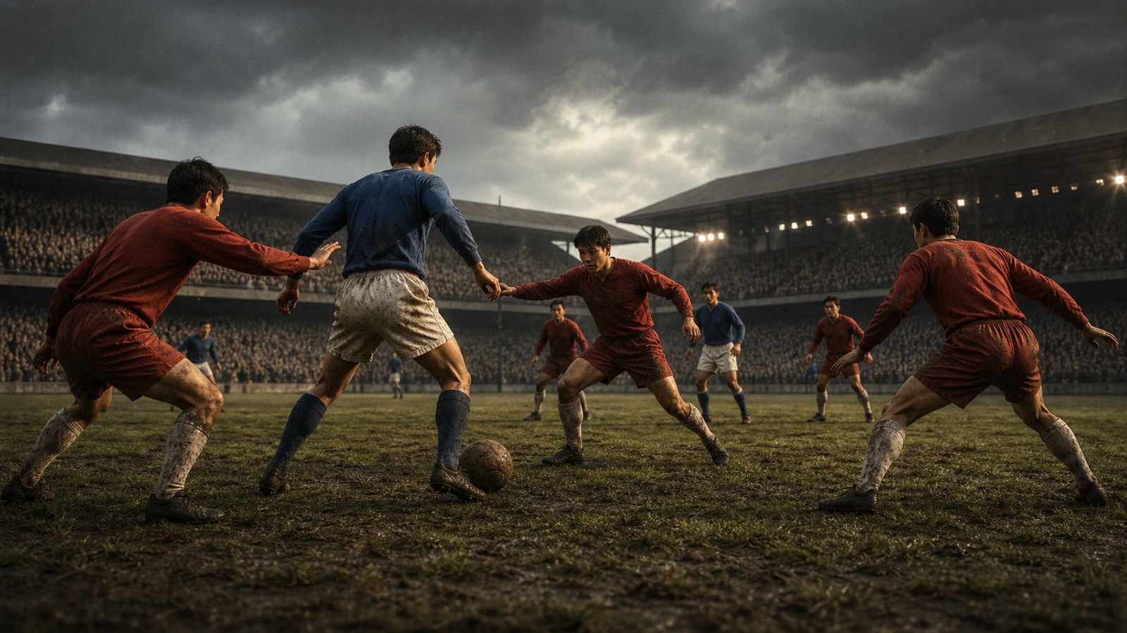 A compact red-shirted team closes passing lanes on a worn 1960s pitch