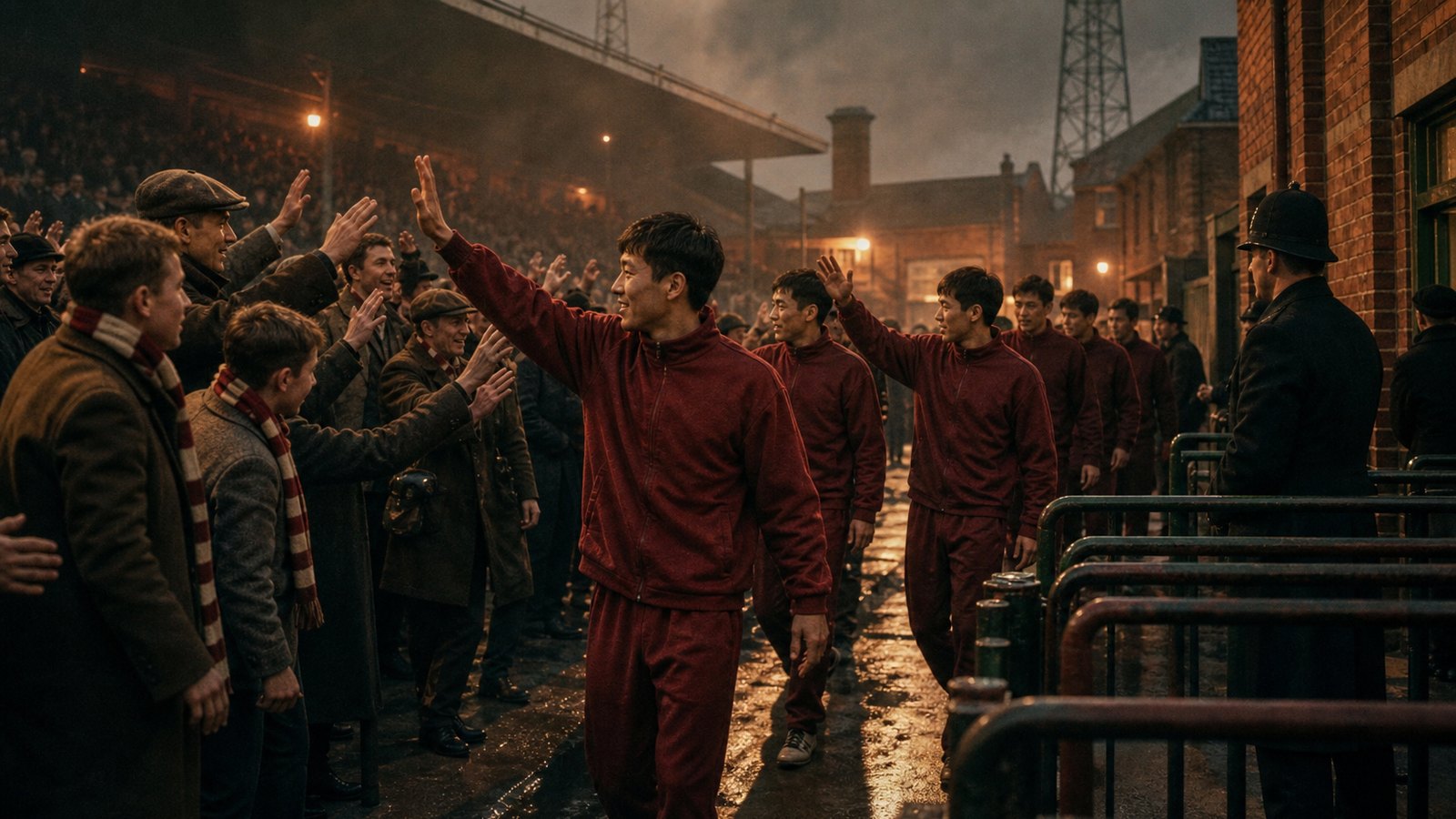 Players greet supporters outside an industrial English football ground