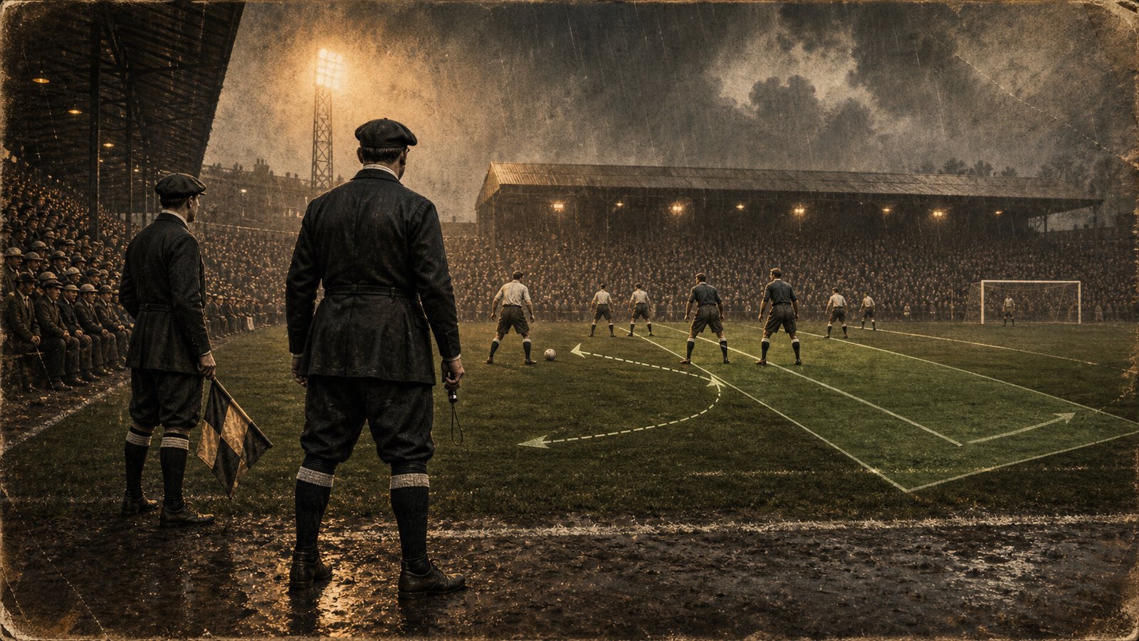 A rain-soaked 1920s touchline as forwards test the new offside space behind defenders