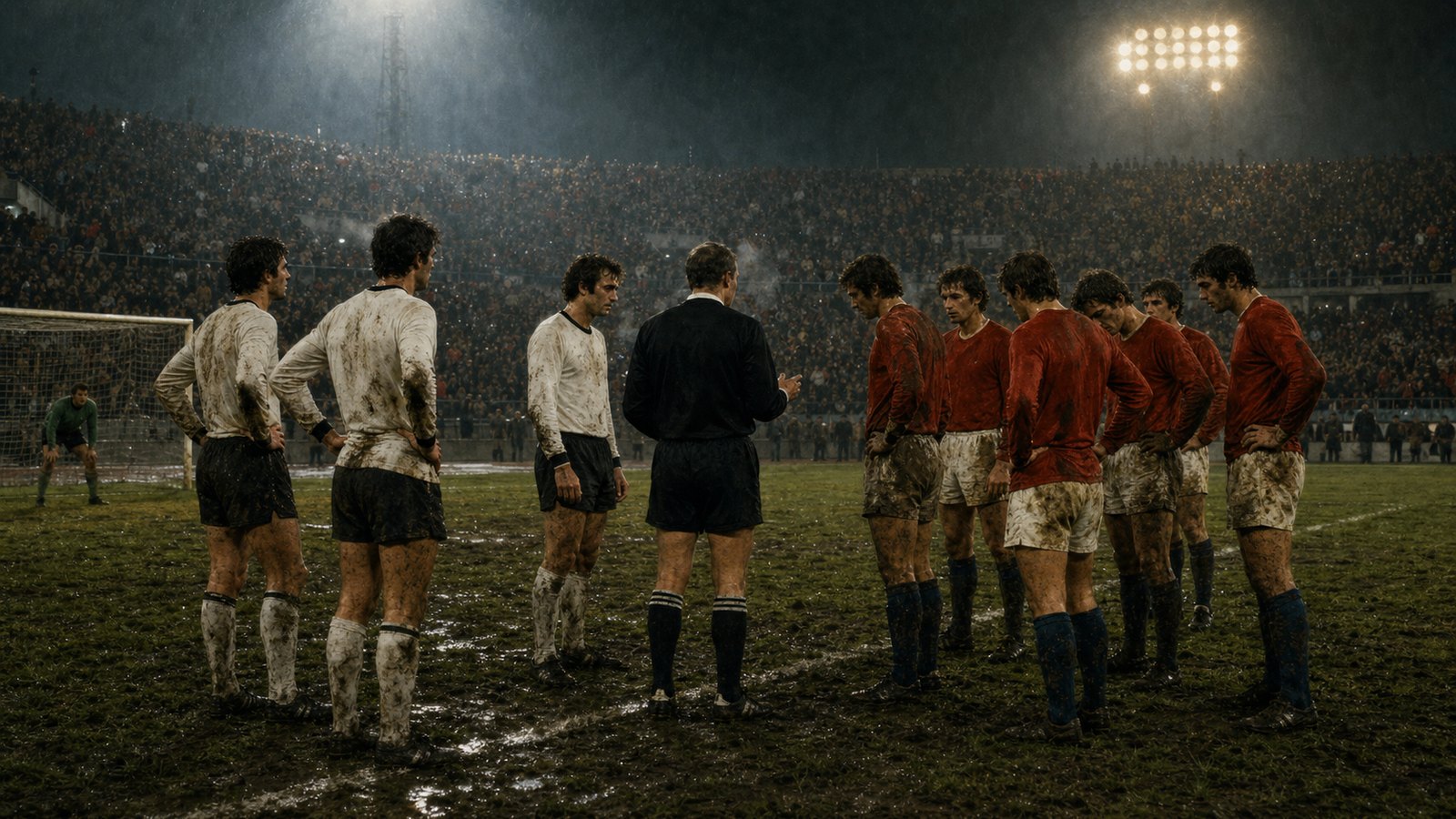 Exhausted 1970s European finalists gather before a penalty shootout under floodlights
