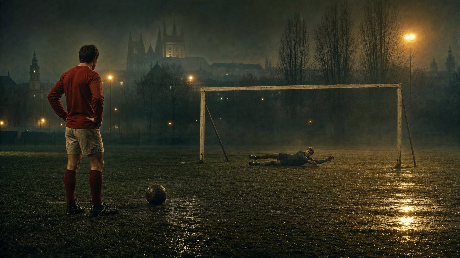 A fictional penalty taker and goalkeeper practise after training on a wet Prague pitch