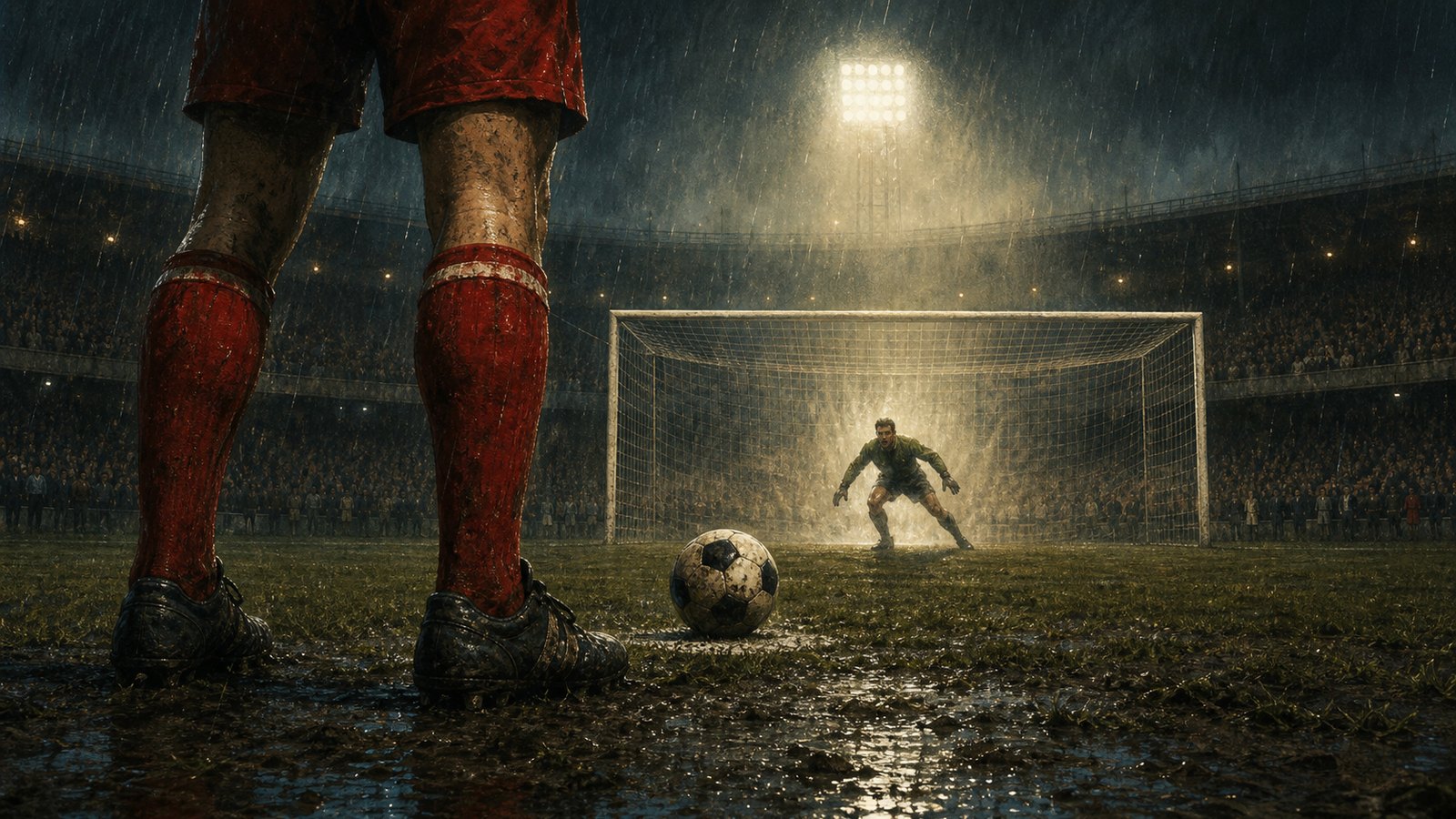 A goalkeeper faces a penalty taker from the centre of a rain-soaked 1970s goal