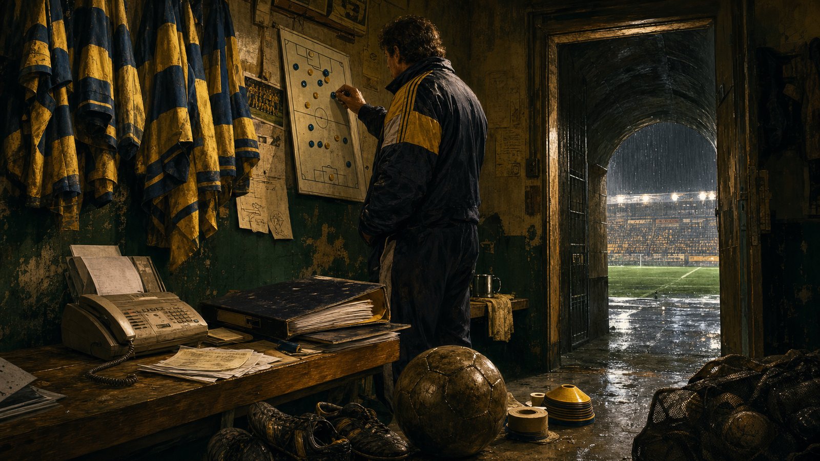 A 1990s Italian dressing room with yellow and blue shirts, tactics board, fax machine and transfer folders