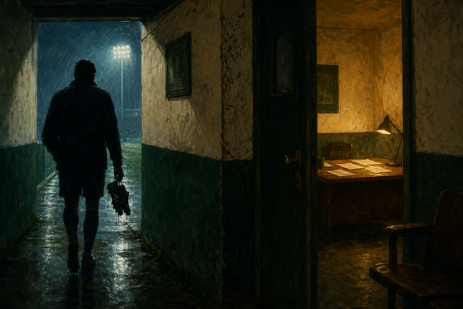 Anonymous footballer silhouette walks from a small club corridor toward a wet floodlit pitch, boots in hand.