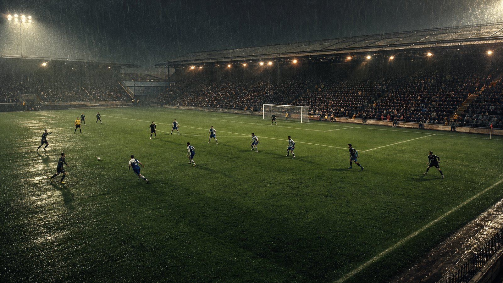 A compact blue-and-white football team closes space on a rain-dark pitch under floodlights.