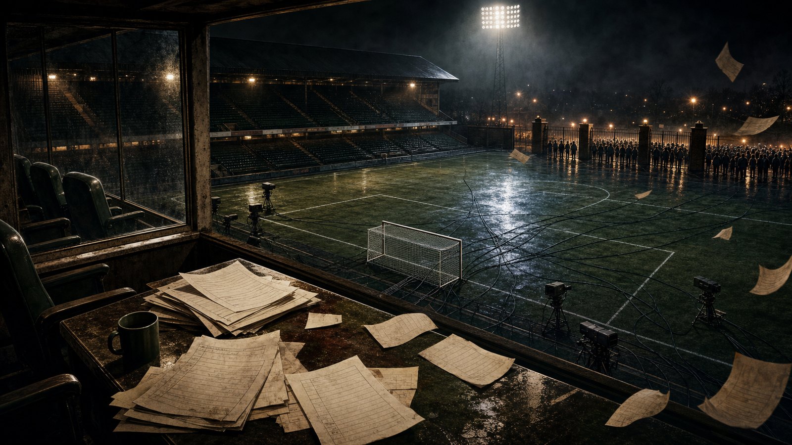 Editorial image of television cables and fixture papers crossing a wet football pitch
