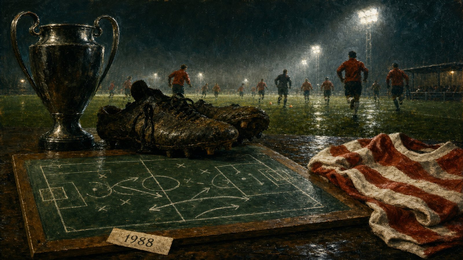 A muddy training-ground table with boots and a trophy silhouette evokes PSV's 1988 treble machinery.