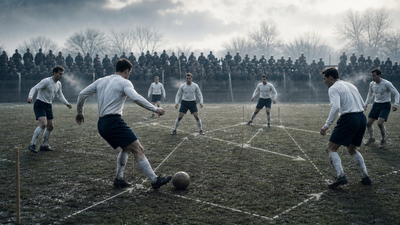 A 1960s training-ground scene showing one-touch passing patterns and period football atmosphere.
