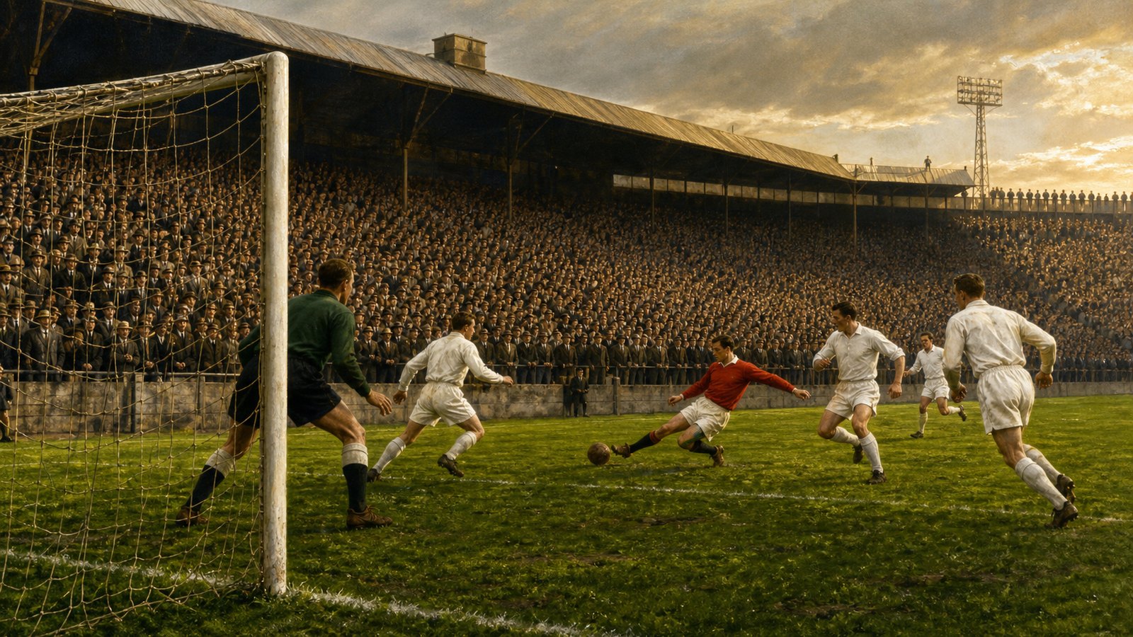A fictional red-shirted 1960s forward attacks the goal against plain white defenders at old Hampden