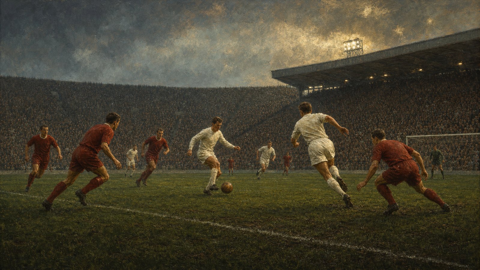 Two fictional all-white 1960s forwards combine against plain red defenders under Hampden floodlights