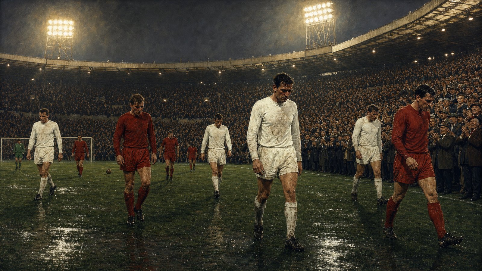 Exhausted fictional players in white and red leave a wet Hampden pitch as the crowd applauds