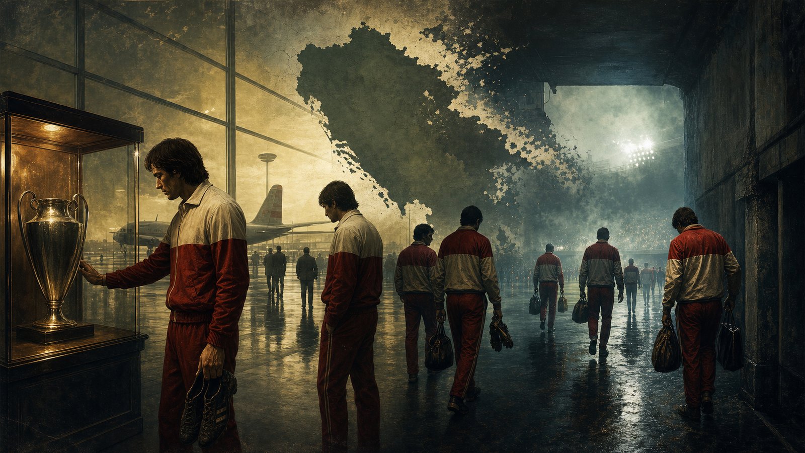 Players in red and white tracksuits leaving through an airport-stadium tunnel beside a trophy case
